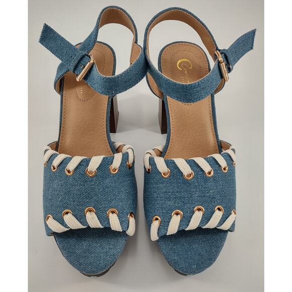 C Comfort Women's Sandals 7M Denim Whip Stitched Detailing Blocked High Heel - Picture 3 of 8